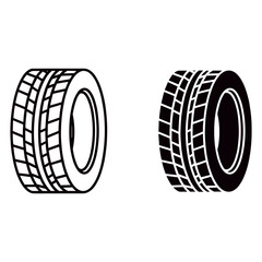 Two car tires, one in outline and one in solid black, isolated on white background