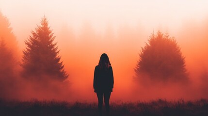 Silhouette of person in misty orange forest