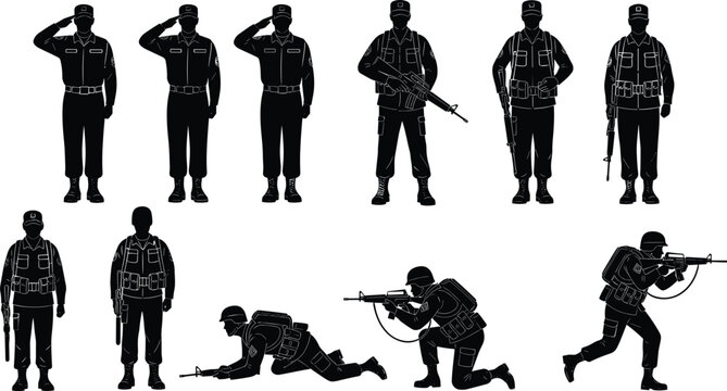 Military silhouettes of soldiers, army men in various poses, saluting, standing, aiming rifles, crawling, running, and wearing combat gear, vector illustration set isolated on white.