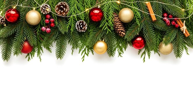 Festive christmas border with ornaments, pine cones, and lights