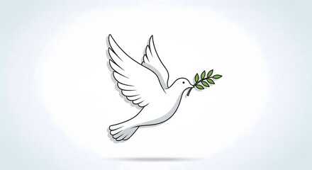 Minimalist vector icon of a flying dove holding an olive branch in its beak