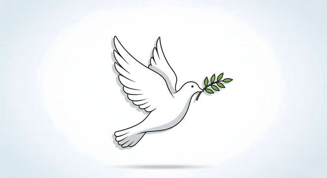 Minimalist vector icon of a flying dove holding an olive branch in its beak