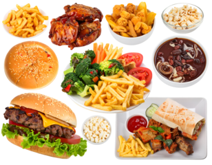 A variety of fast food items including a burger, fried chicken, fries, salad, and desserts arranged on a table