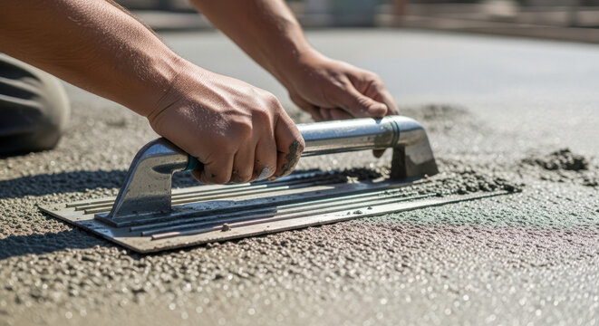 Concrete worker smoothing wet concrete using a trowel for construction projects, home improvement articles, and DIY guides - Powered by Adobe
