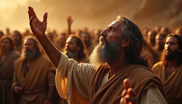 Man with beard raises arms toward sky in prayer with group of people. Biblical scene shows faith and devotion in desert. Ancient religious gathering with warm light.
