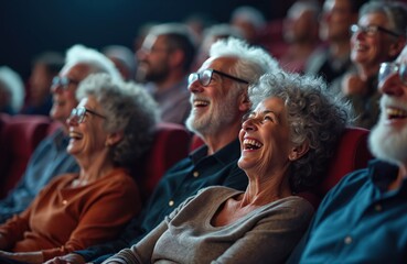 Elderly couple laughs heartily watching movie in dimly lit theater. Seniors share joyful experience, enjoying shared entertainment, companionship. Senior audience members react with amusement at
