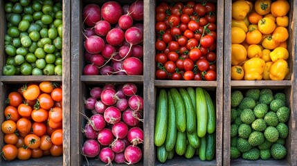 Wooden crates filled with colorful fresh produce