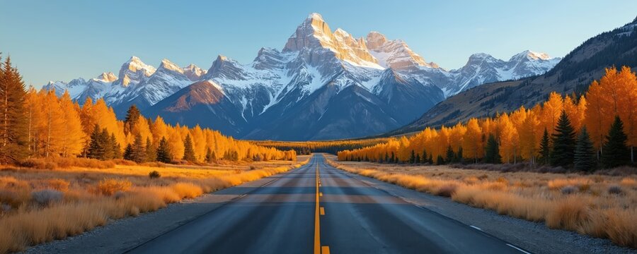 Long asphalt road stretches toward majestic snowy mountains. Golden autumn foliage and dry grass line the scenic highway. Peaks gleam under clear blue sky. Tranquil travel awaits. - Powered by Adobe