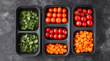 Organized containers filled with chopped vegetables and cherry tomatoes
