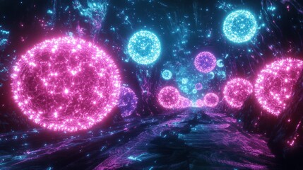 Neon spheres in a dark tunnel