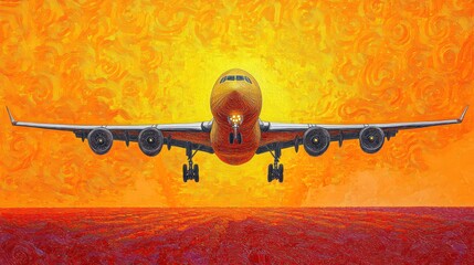 Jet plane lands at vibrant sunset