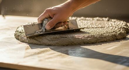 Hand smoothing cement on wooden surface for construction projects, renovation ideas, building industry marketing, and DIY guides