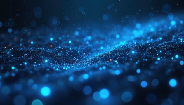 Abstract digital waves made of small glowing blue particles undulate across dark background. Bokeh lights float and sparkle like stars in deep space. Futuristic tech concept. - Powered by Adobe