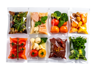 Assorted fresh vegetables, cheeses, and prepared ingredients packaged in individual transparent containers for cooking or snacking