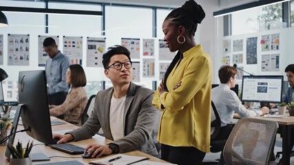 Collaborative professionals examining graphic details on computer screens in a serene office setting, effectively conveying the concept of teamwork and effective communication in todays fast.