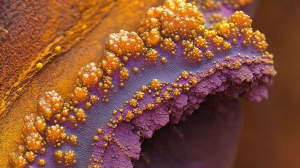 Close-up of textured, organic forms in shades of gold and purple