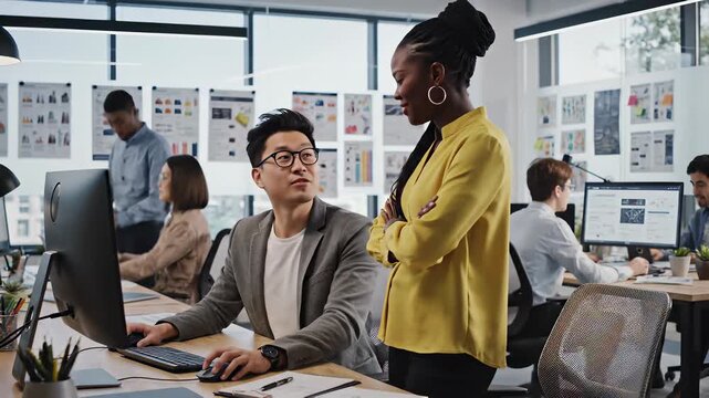 Collaborative professionals examining graphic details on computer screens in a serene office setting, effectively conveying the concept of teamwork and effective communication in todays fast.