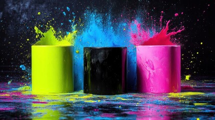 Colorful paint explosions around containers