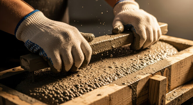 Concrete worker smoothing a mold with a wooden trowel in a workshop for construction projects, home improvement guides, and trade skills education