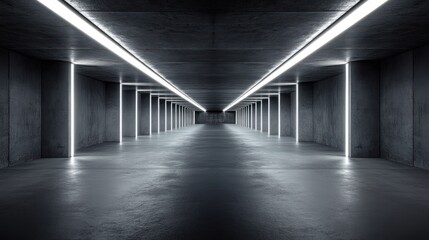 Dark, concrete tunnel lit by bright white lines