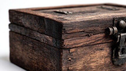 Close-up of a weathered, wooden box with a hinged lid and metal clasp, showcasing rich wood grain and signs of age against white