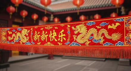 Chinese New Year Dragon Banner Temple Celebration.