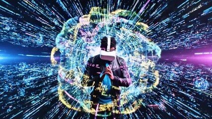 A person in a virtual reality headset immersed in a vibrant digital data tunnel - Powered by Adobe
