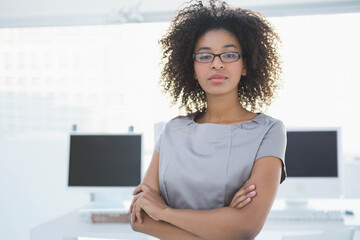 African American woman standing arms crossed in office wearing gray blouse, two monitors, glasses