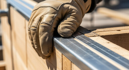 Hand in work gloves adjusting metal frame on construction site for concrete workers, building projects, and industrial applications