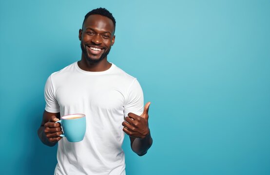 Smiling african american man in white t-shirt holds blue cup with drink, shows thumb up. He stands against bright blue background, happy, relaxed, offering space for text.