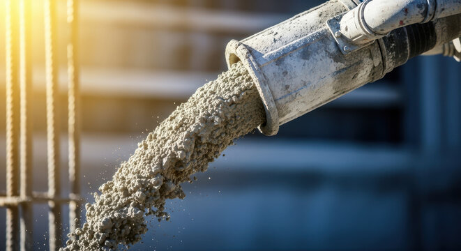 Concrete pump hose releasing fresh concrete on construction site for engineering blogs, construction materials websites, and project management content