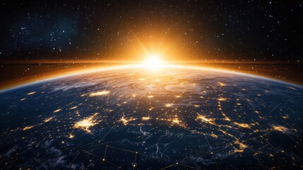 Fototapeta premium Earth at sunrise, city lights glowing, starry expanse