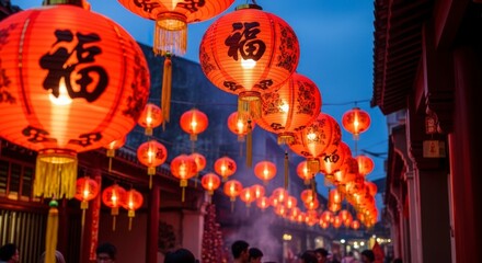 Chinese Red Lanterns Night Festival Street.