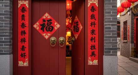 Red Chinese Door with Calligraphy, and New Year Decor.