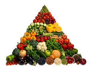 An abundant pyramid of fresh vegetables and fruits arranged in a colorful display highlighting healthy eating options