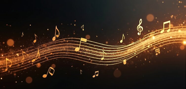 Golden music notes on black background. Musical notes floating on staff. Glowing music symbols. Sparkling particles around. Dark background with shining notes. Wave of music with sparkles.