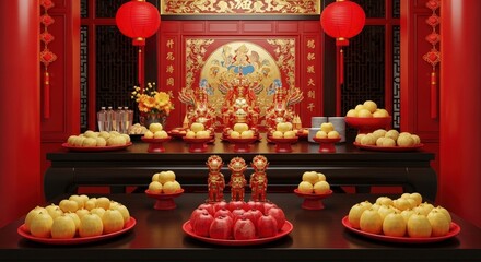 Chinese New Year Altar with Festive Offerings.