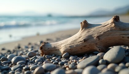 Driftwood lies on rocky beach on summer day. Sea washes sandy shore. Vacation landscape shows nature scene with calm water. Mountain background views horizon line. Travel photo with rock stones.