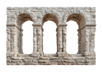 Stone arched window trio, solid wall, dark interior