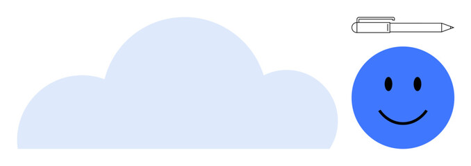 Cloud computing concept. Cloud with a blue smiling face and pen symbol signify positivity and technology. Cloud computing promotes data storage, creativity, and innovation. For education, digital