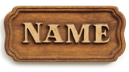 Carved "NAME" letters on a wooden sign with scalloped edge, against a white background