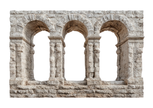 Stone arched window trio, solid wall, dark interior