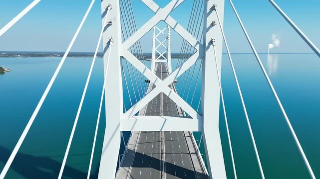 Majestic modern cable-stayed bridge captured from an aerial perspective, gracefully spanning tranquil blue waters, a marvel of engineering connecting distant shores with elegant architectural design