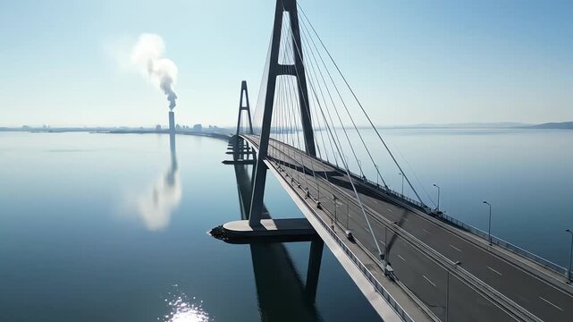 Modern cable-stayed bridge spanning tranquil waters with a distant industrial complex emitting smoke under a clear blue sky, showcasing urban development and environmental interplay