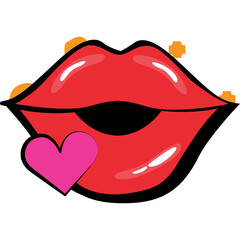 Red Lips With Pink Heart Kiss Symbol With Orange Sparkles Transparent Background