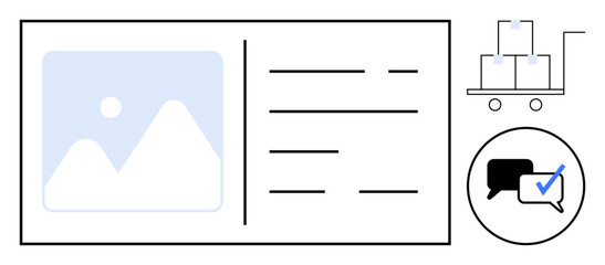 Product preview with lines for details, cart with boxes on wheels, and chat bubbles with blue check. Ideal for e-commerce, logistics, delivery, communication, online shopping, feedback customer