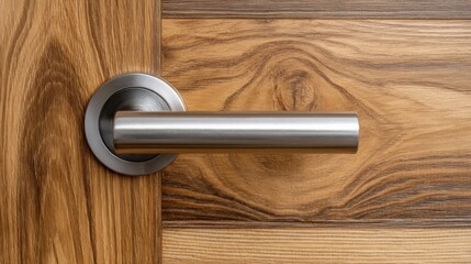 Close-up shot of a modern, metallic door handle mounted on a wooden door with a prominent wood grain pattern. The handle is horizontal