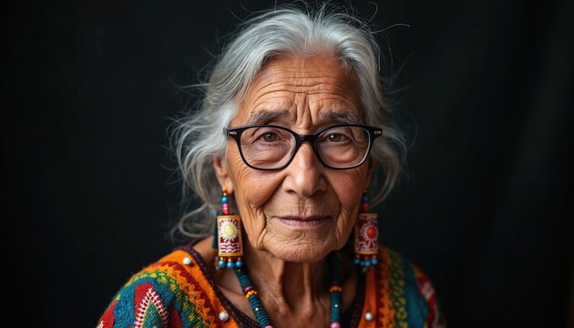 Close up portrait shows mature indigenous woman. Senior native lady in glasses poses on dark background. Tribal elder with grey hair smiles in ethnic colorful clothes. Female represents cultural - Powered by Adobe