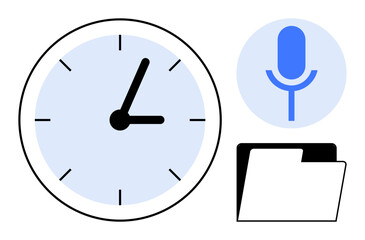 Clock indicating time, microphone symbolizing recording, and folder for storage concepts. Ideal for productivity, organization, work management, planning, scheduling, task tracking simple flat
