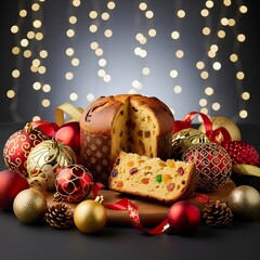 A festive panettone cake with ornaments and lights creating a holiday celebration scene beautifully